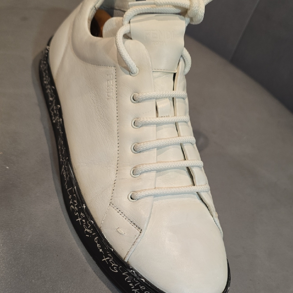 Fendi White Leather Men's Sneaker with Black Script-Patterned Sole